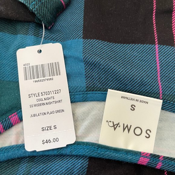 SOMA COOL NIGHTS Modern Sleep Night Shirt PJ Gown Plaid Green SMALL & MEDIUM $46 - Picture 7 of 10